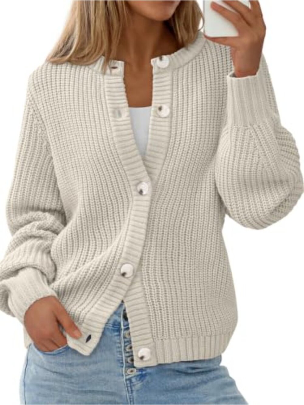Women's Oversized Long Sleeve Crewneck Button Cardigan